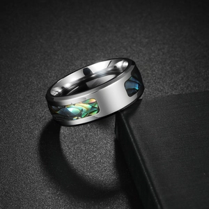 Bague en acier poli pour hommes avec incrustation géométrique en nacre d'abalone
