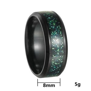 8mm black titanium steel ring for men featuring a green starry galaxy inlay design