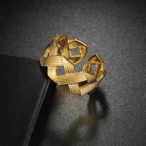 Adjustable golden stainless steel open ring with woven geometric textured pattern