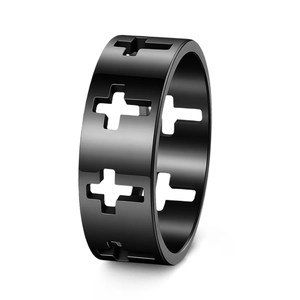 Macro shot of the black hollowed cross pattern on a titanium steel ring band