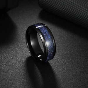 Bague homme 8mm en acier inoxydable noir avec incrustation ciel étoilé bleu poli