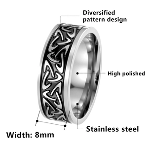 Polished 8mm stainless steel ring with black Celtic knot pattern for men