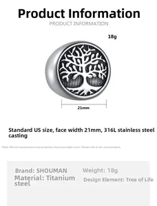 Detailed view of Tree of Life signet ring in titanium steel with 21mm face width