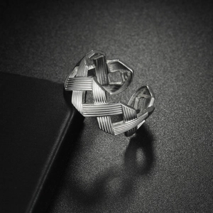 Minimalist silver stainless steel open ring with wide woven geometric texture for women