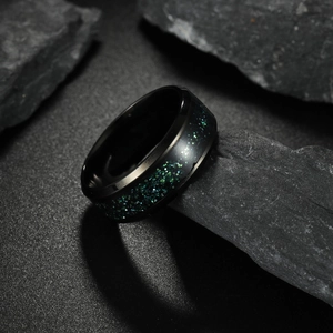 8mm titanium steel ring for men featuring black band with blue and green starry inlay