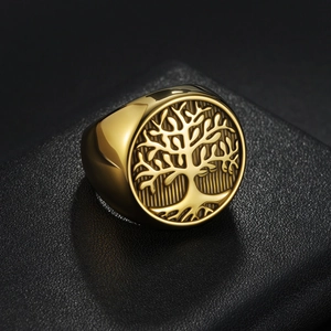 Polished gold tree of life signet ring in stainless steel for men with detailed engraving