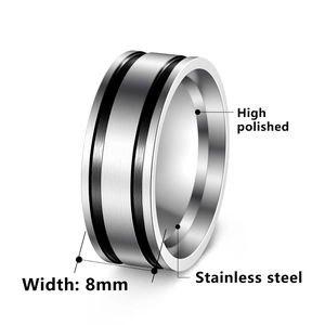 8mm stainless steel ring for men featuring a brushed silver surface and double black grooves
