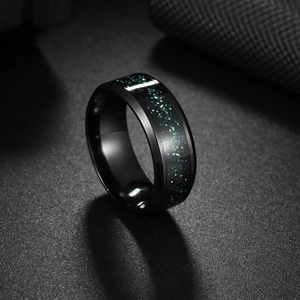 8mm titanium steel ring for men with black exterior and green starry inlay design