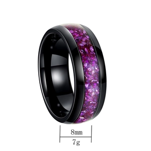 Bague noire 8mm en acier inoxydable avec incrustation d'améthyste violette pour hommes et femmes