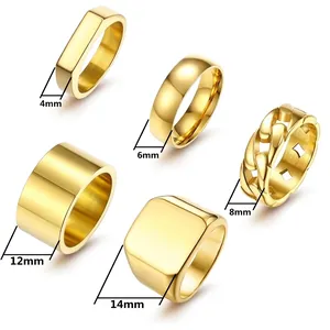 5-piece set of men's gold titanium steel rings including signet and cuban link styles