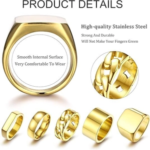 5-piece set of men's square gold stainless steel rings with polished and brushed finishes