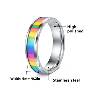 Polished 6mm stainless steel band featuring a vibrant rainbow inlay for unisex wear