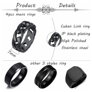 Set of four black stainless steel rings for men featuring matte and polished finishes