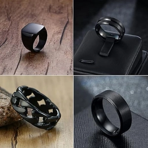 Men's matte black titanium steel ring set in square, chain, and grooved styles