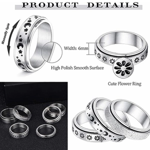 6mm spinner ring set with moon star and floral patterns in high-polished stainless steel