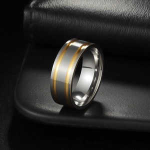 Men's two-tone brushed titanium steel ring with gold accents and a wide band design