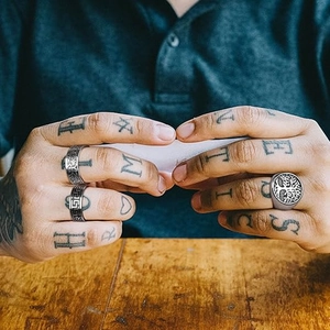 Retro stainless steel rings for men featuring tree of life and Greek key patterns