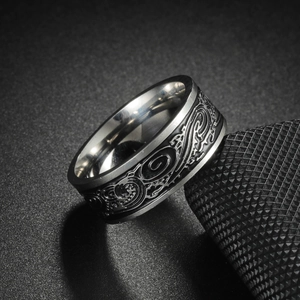 Vintage Viking style stainless steel wide ring with engraved tribal patterns for men
