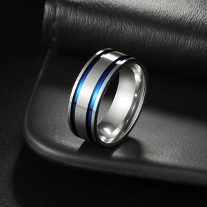 Men's matte titanium steel ring with dual blue grooves and brushed silver finish