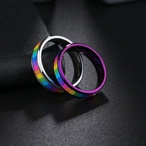 Neutral titanium steel rainbow rings for couples with colorful six-color stripe inlays