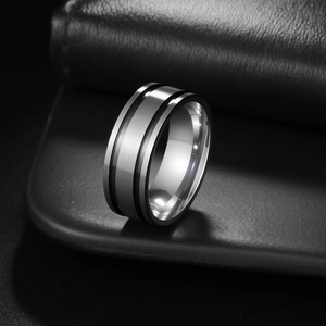 Men's matte titanium steel ring featuring silver brushed finish and dual black grooves