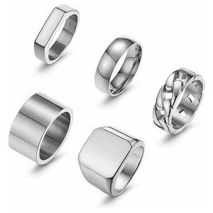 Set of five silver square and minimalist titanium steel rings for men on white base
