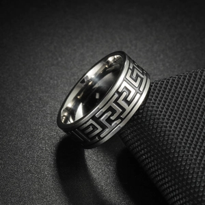 Vintage Nordic Viking titanium steel ring with black Greek meander pattern for men and women