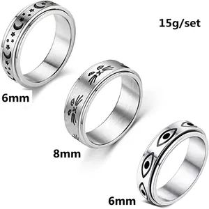 Stainless Steel Spinner Ring For Anxiety Relief Moon Star Cat Eye Pattern Rotating Finger Ring Fashion Band Jewelry For Men Women