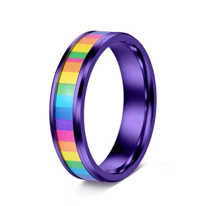 Macro view of purple titanium steel ring with vibrant rainbow striped center inlay