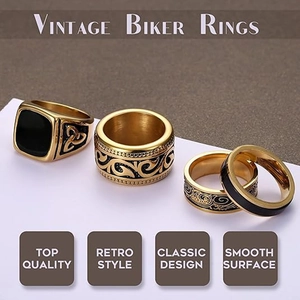 Vierteiliges Set goldener Biker-Ringe im Vintage-Stil mit schwarzem Stein und Gravur