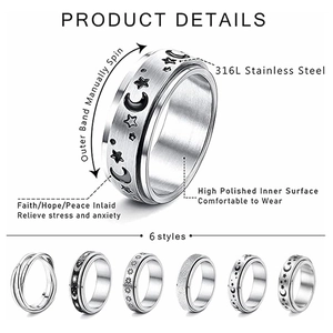 Set of 6 rotating 316L stainless steel rings with moon and star relief for stress relief