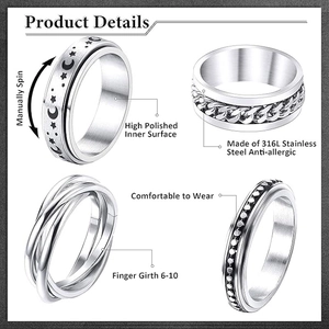 Set of four 316L stainless steel spinner rings for men featuring rotatable fidget design