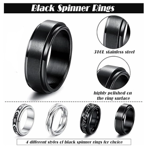 Set di quattro anelli spinner in acciaio inossidabile 316L neri con design sole e luna