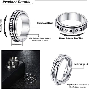 Bague rotative en acier inoxydable poli avec motifs gravés de lune et d'étoiles célestes