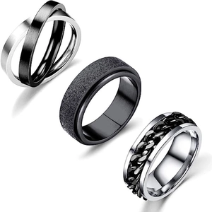 Three-piece titanium steel ring set with brushed, matte, and chain inlay details
