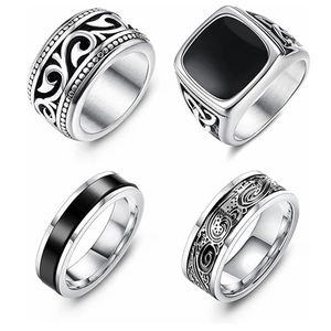 Vintage Punk Herrenring-Set aus Titanstahl mit schwarzen Edelsteinen und Gravuren im Set