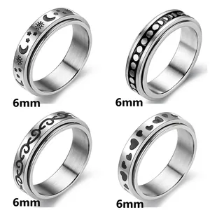 Stainless Steel Spinner Rings For Men Women Sun Moon Star Heart Pattern Stress Relief Anxiety Band Ring Jewelry