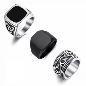 Men's titanium steel ring set featuring Celtic knots, black square top and retro engravings