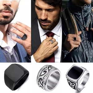 Three-piece men's vintage stainless steel ring set featuring Celtic knots and black stone