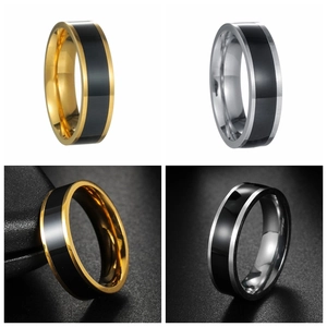 Polished gold and silver stainless steel rings with black enamel inlay in four-way view