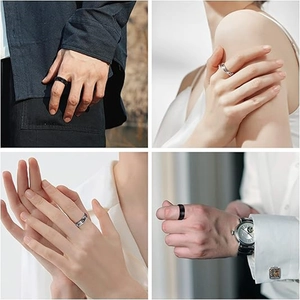 Dettaglio di quattro anelli rotanti in acciaio al titanio per uomo e donna in vari outfit
