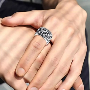 Vintage Celtic triangle knot wide band titanium steel ring for men with engraved texture