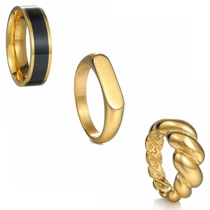 Vintage Punk Titanium Steel Ring Set For Couples Gold Silver Plated Geometric Chunky Croissant Signet Ring Fashion Jewelry For Men Women