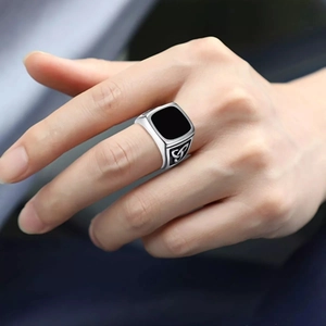 Men's vintage titanium steel ring with black square stone and Celtic knot side patterns
