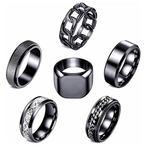 Set di 6 anelli da uomo neri in acciaio al titanio con design vintage punk e opachi