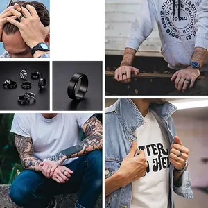 Collection de bagues rotatives en acier inoxydable pour hommes avec décor de chaîne et noir