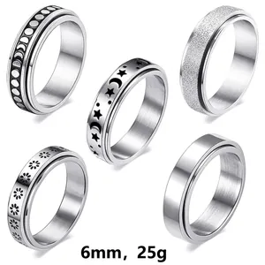 316L Acier Inoxydable Étoile Lune Phase de Lune Anneaux Pivotants pour Femmes Hommes Rotatif Soulagement Anxiété Bijoux Mode Bagues