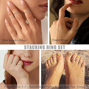 Detailed view of stacked thin 1mm rings worn as knuckle, thumb, and toe rings