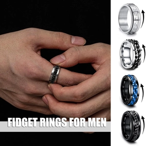 Fidget rings for men set featuring spinning stainless steel bands in matte black and silver