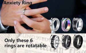 Detailansicht von 6 verschiedenen drehbaren Anti-Stress-Ringen aus Edelstahl für Damen